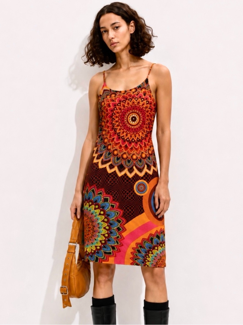 Vintage DESIGUAL Y2K Mandala Print Adjustable Ruched Slip Dress Size S